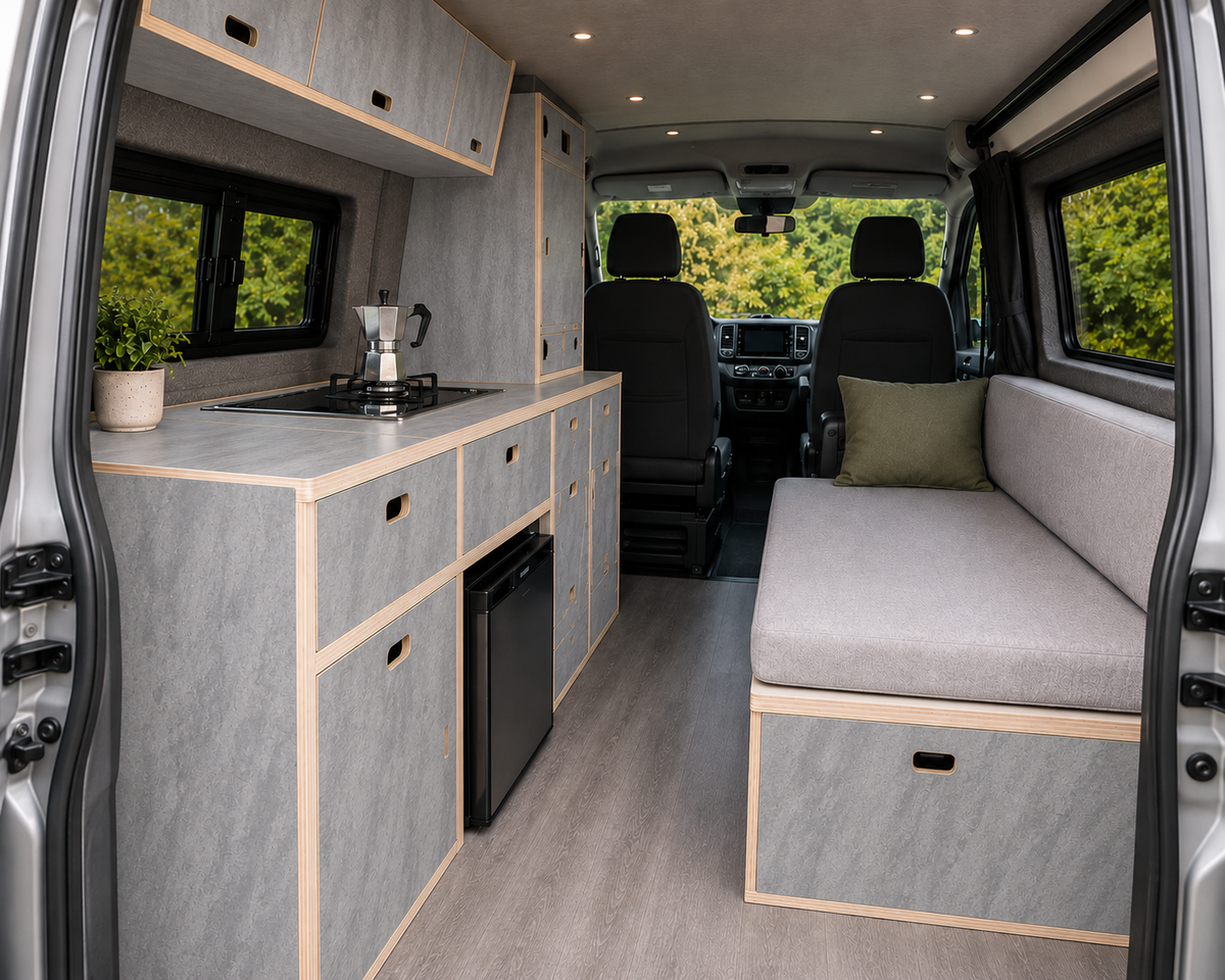 Campervan cabinetry and table made with Slate Grey lightweight furniture plywood