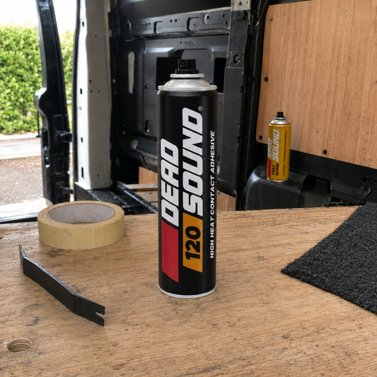 Deadsound 120 high heat adhesive in a campervan conversion workshop