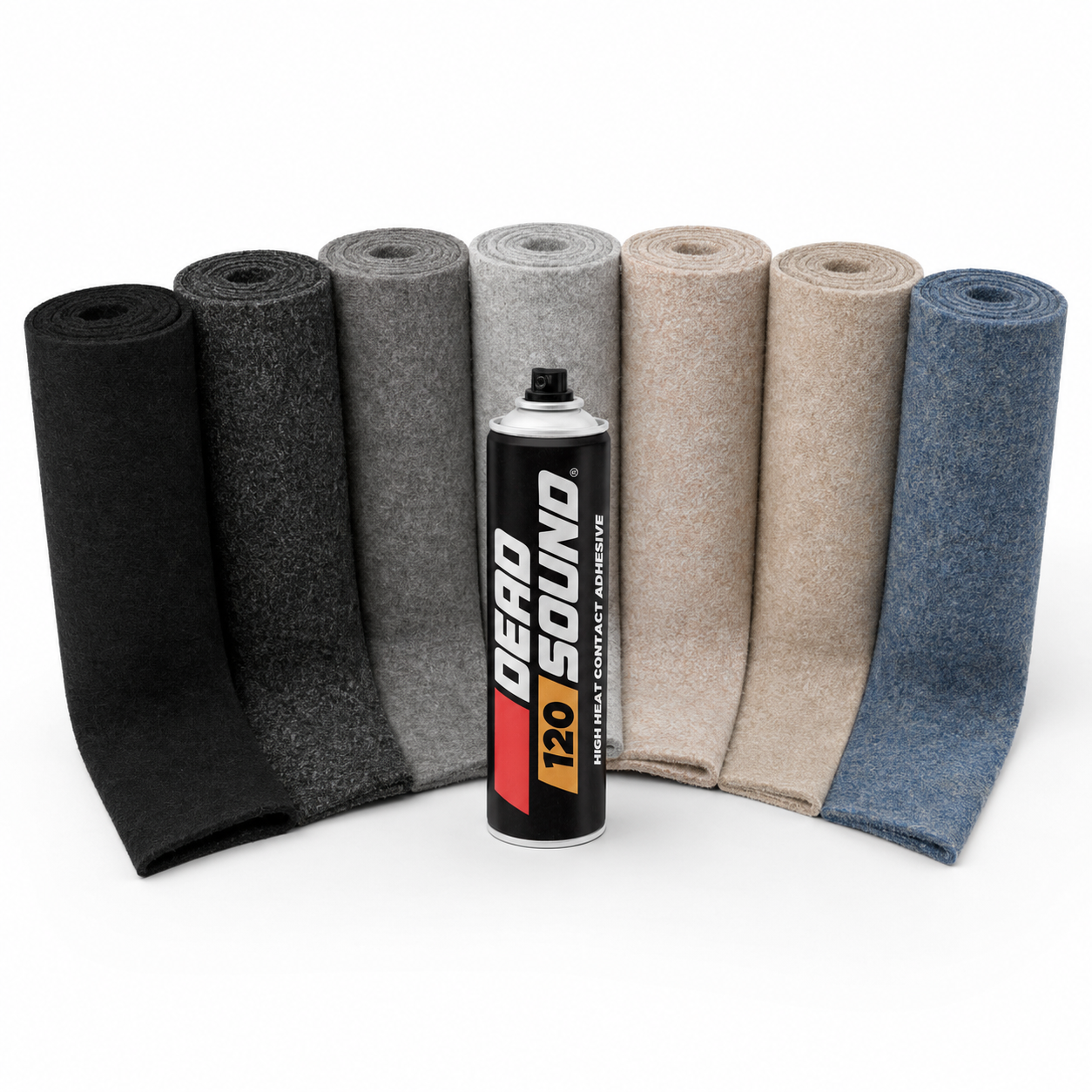Deadsound campervan carpet lining and adhesive kit showing seven carpet colours and Deadsound 120 adhesive
