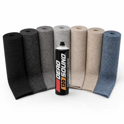 Deadsound campervan carpet lining and adhesive kit showing seven carpet colours and Deadsound 120 adhesive