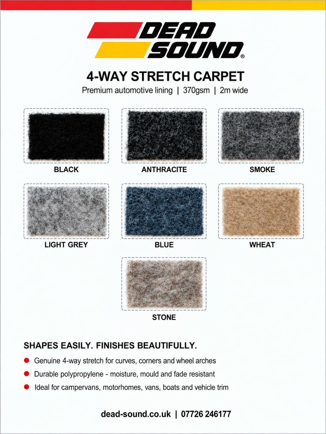 DeadSound 4 Way Stretch Carpet samples – Black, Anthracite, Smoke, Light Grey, Blue, Wheat and Stone