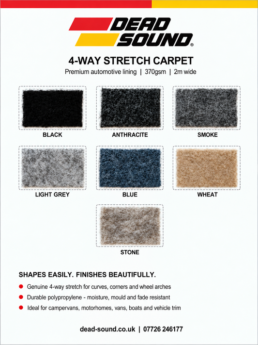 DeadSound 4 Way Stretch Carpet samples – Black, Anthracite, Smoke, Light Grey, Blue, Wheat and Stone