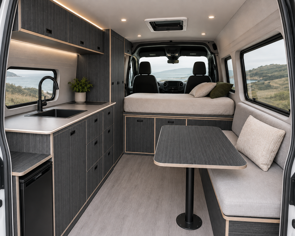 Campervan interior furniture made with Hacienda Black lightweight furniture plywood