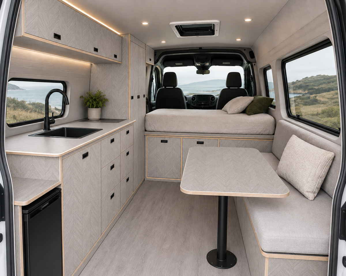 Herringbone lightweight furniture board fitted in a campervan interior
