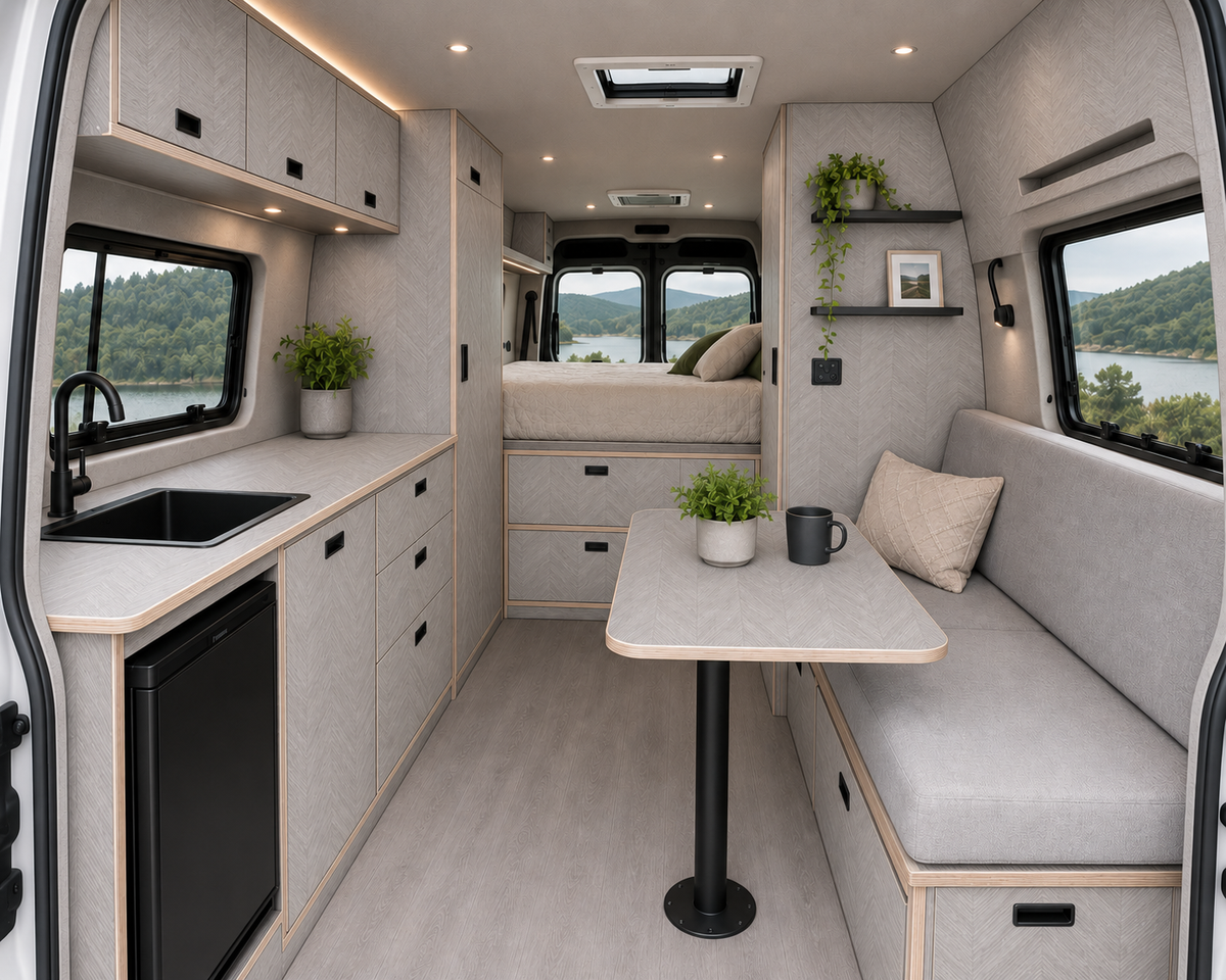 Campervan cabinetry and table made with Herringbone furniture plywood