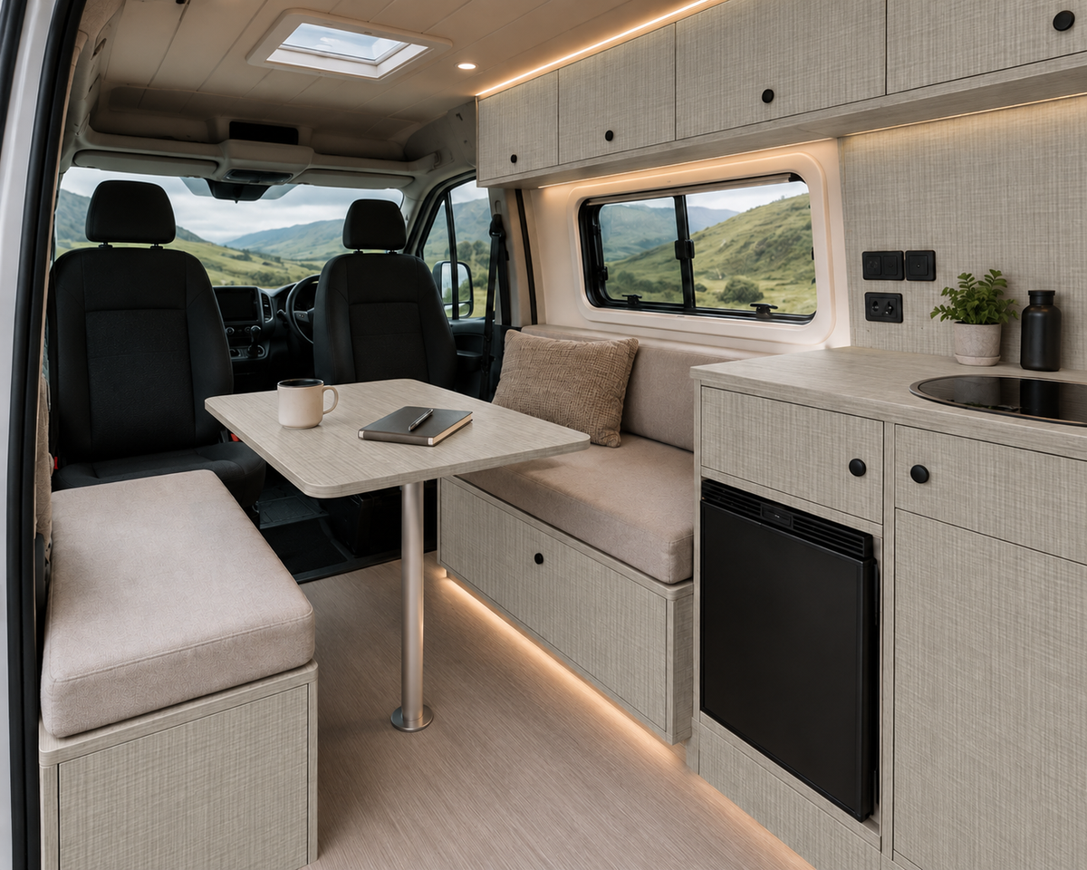 Ivory Oak lightweight furniture board used throughout a campervan interior