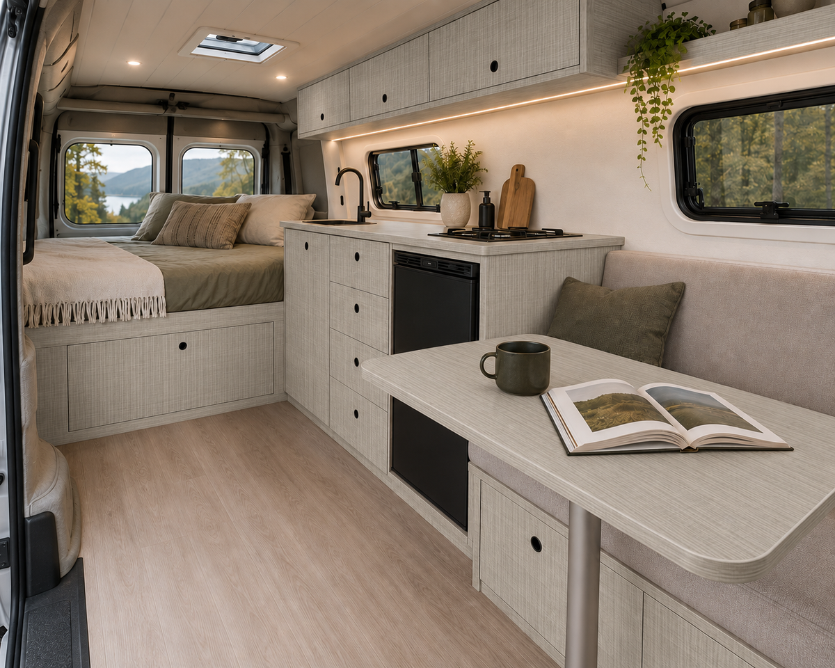 Campervan cabinetry and table made with Ivory Oak lightweight furniture plywood