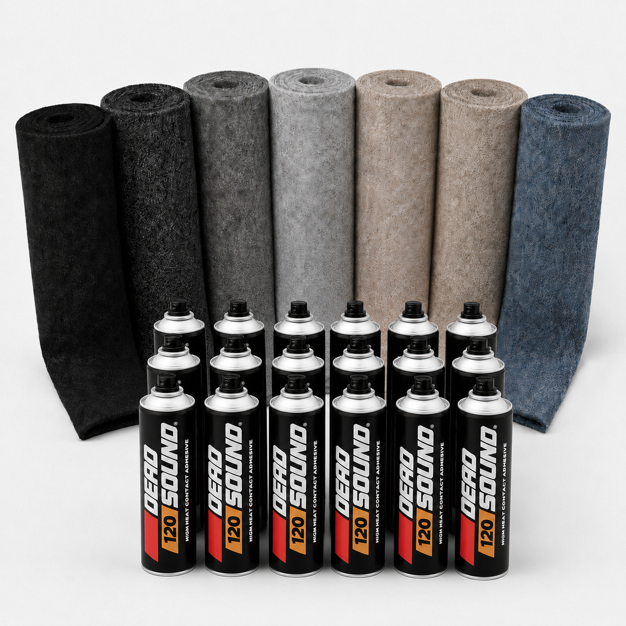 Large van carpet lining kit with seven carpet colours and eighteen closely grouped Deadsound 120 adhesive cans