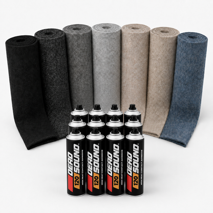 Medium van carpet lining kit with seven carpet colours and twelve closely grouped Deadsound 120 adhesive cans