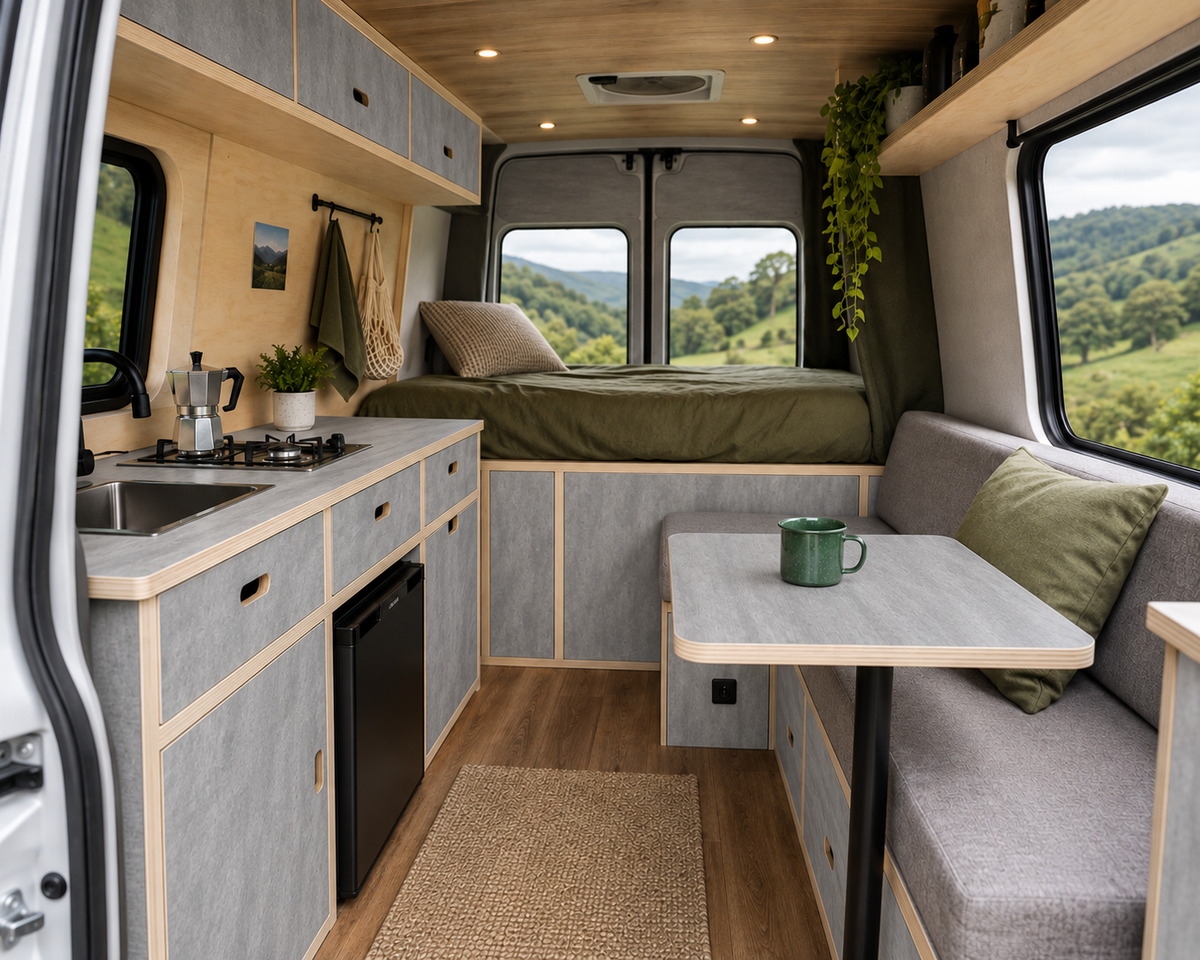 Slate Grey lightweight furniture board used throughout a campervan interior
