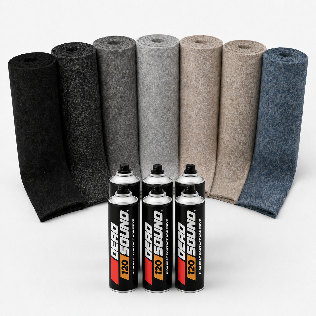 Small van carpet lining kit with seven carpet colours and six closely grouped Deadsound 120 adhesive cans